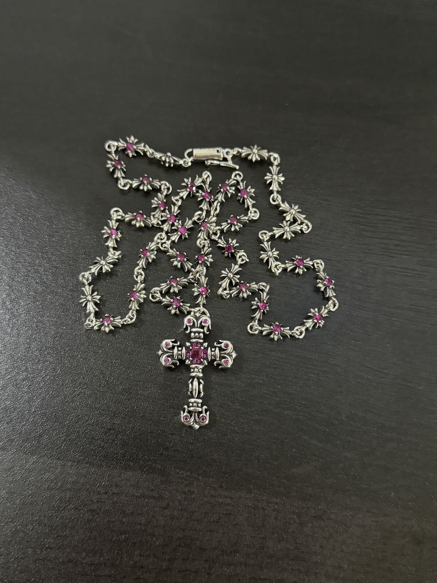 Chrome Hearts Silver Cross Pendant with Pink Stones